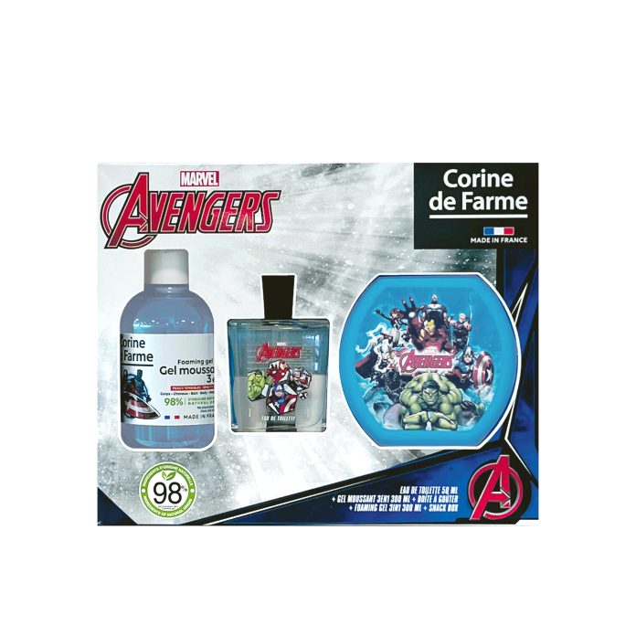 Coffret Avengers Corine de Farme avec eau de toilette, gel moussant et boite à gouter